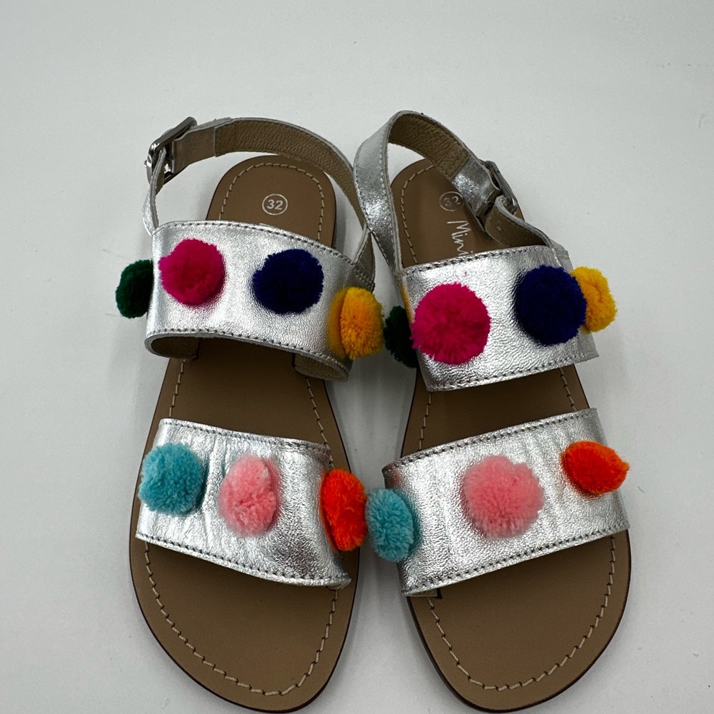 Mini Boden Silver Metallic Pom Pom Sandals 32/13.5 US